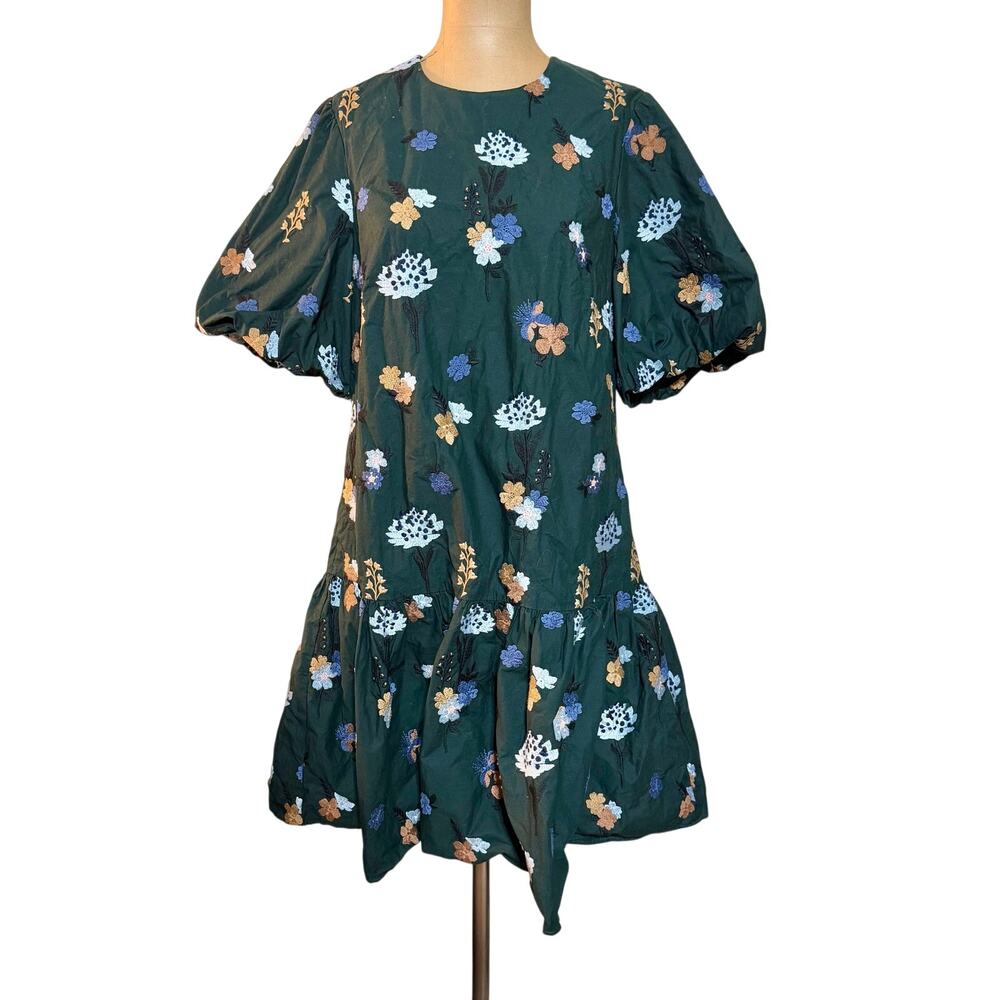 Lela Rose Pearl Mini Dress Green Cotton Floral Embroidered Puff Sleeves Medium